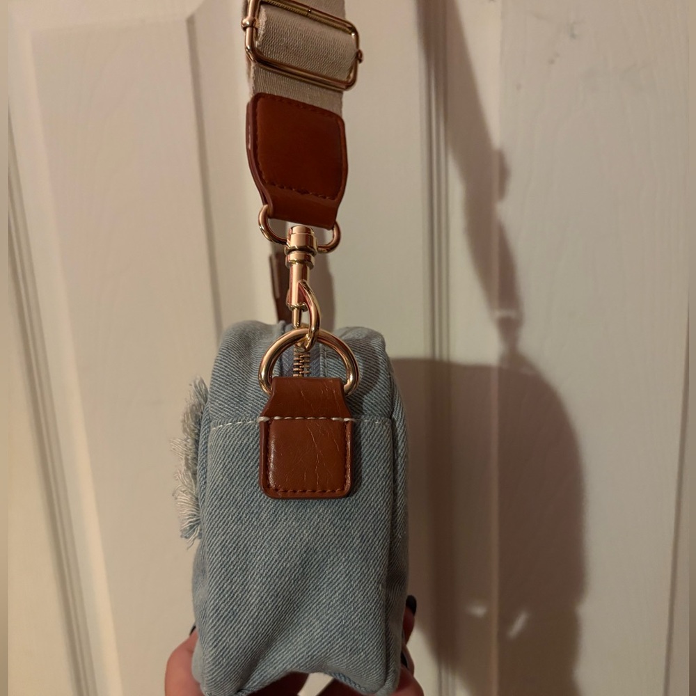 Denim Camera Crossbody Bag with Tan Strap - Picture 5 of 10